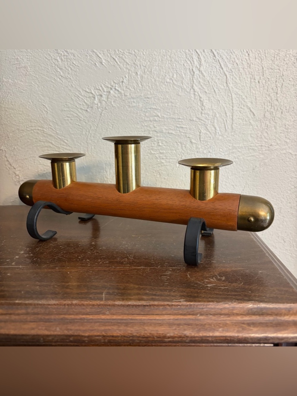 Vintage Mid Century MCM Teak Wood Brass Cigar Shaped Candle Holder Candelabra
